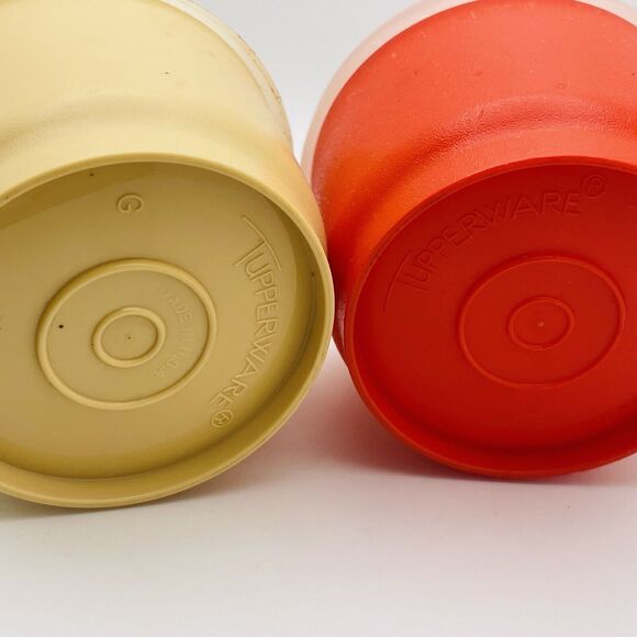 Vintage Tupperware Orange and Tan Round Snack Storage Cups With Lids - Set Of 2 - Picture 4 of 5